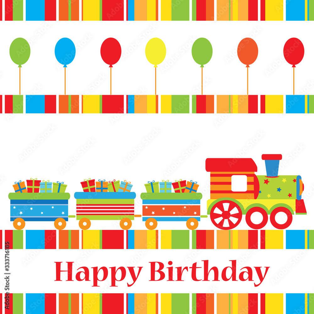 Birthday card with train, balloons and gifts. Birthday card with train, balloons and gifts.