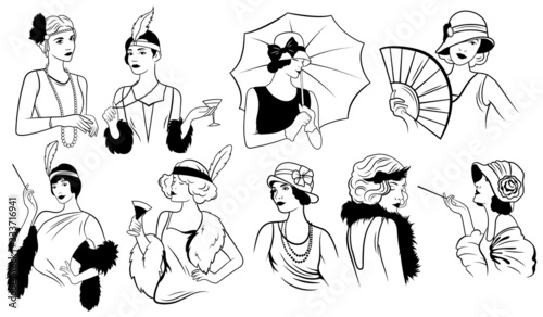 Set of women in art deco style. Collection of trends of female retro fashion of the twenties. Vector illustration of beautiful women in retro style.