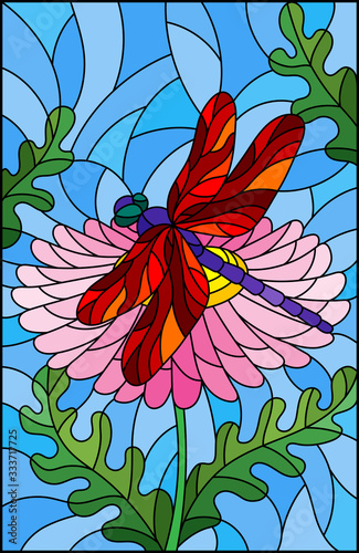 Stained glass illustration with a beautiful pink flower and a bright red dragonfly against a blue sky