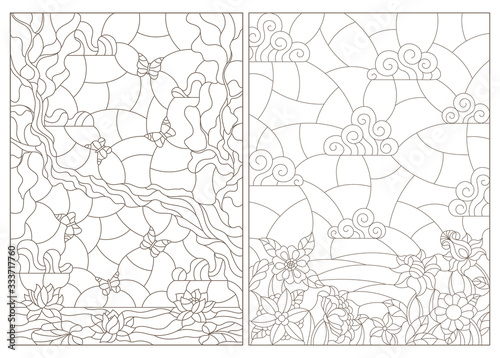 Set of contour illustrations of stained glass Windows with summer landscapes  dark outlines on a white background