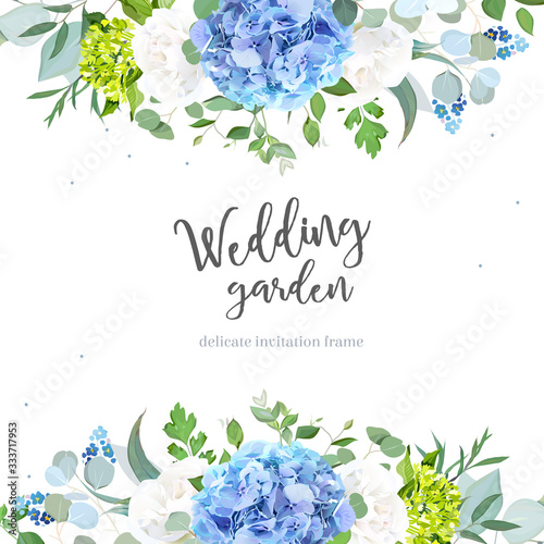 Light blue hydrangea, white rose, forget me not wildflowers, eucalyptus