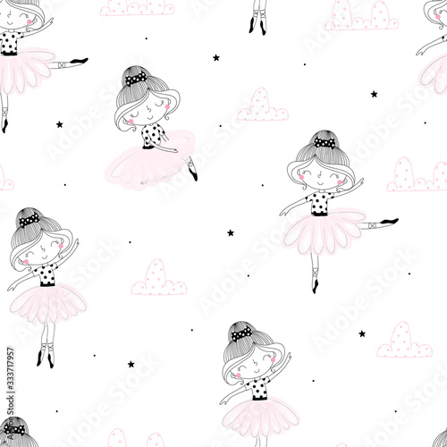 Cute hand drawn with cute little girl ballerina vector seamless pattern illustration