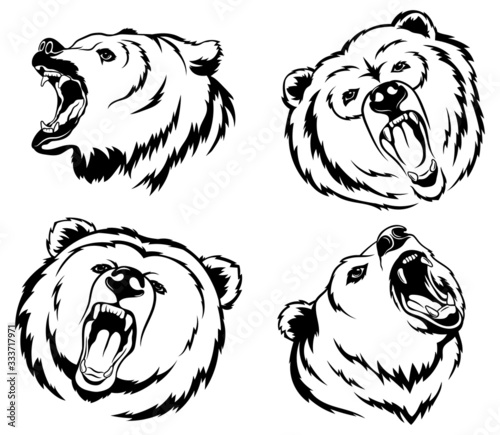 Set of bear heads. Сollection of silhouettes of a wild grizzly bear with an open mouth. Black and white illustration for the zoo. Tattoos.