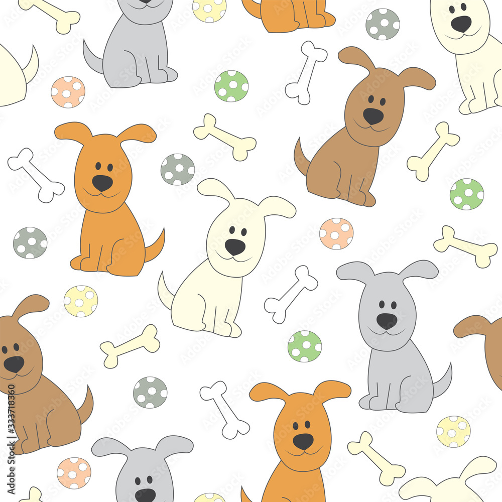 Obraz premium Childish seamless pattern with cute dogs. Isolated on white background.