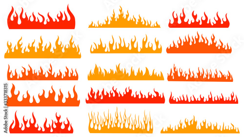 Set of fires. Collection of fire walls. Illustration of a burning strip. Flame drawing. Flaming wall. Vector illustration on white background.