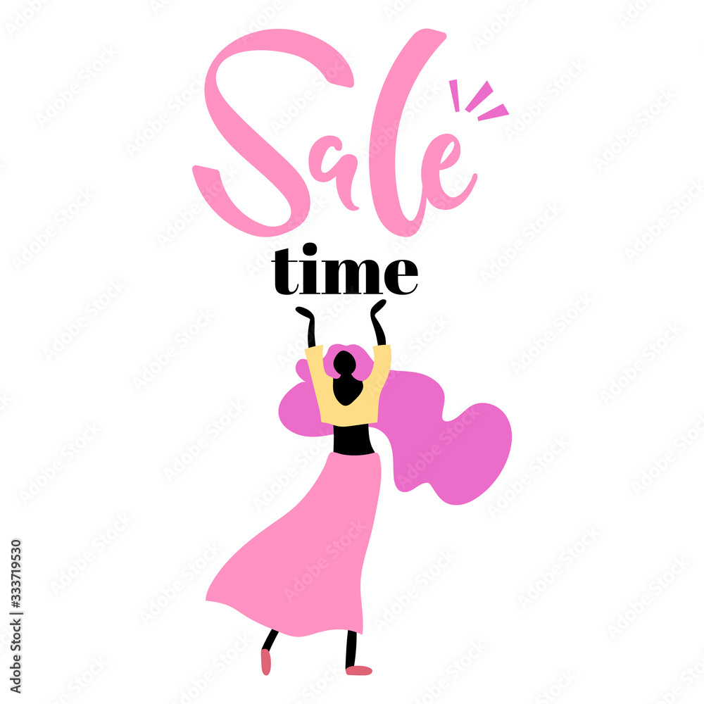 Fototapeta premium Vector illustration, flat cartoon woman with long pink hair raising hands up and 