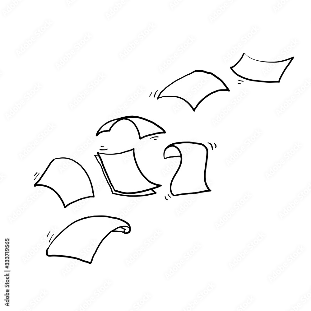 hand drawn Falling paper sheets. Flying papers pages, white sheet