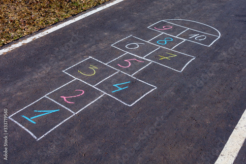 Hopscotch game drawn with chalk on the asphalt photo