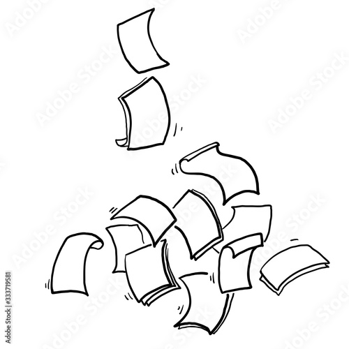 hand drawn Falling paper sheets. Flying papers pages, white sheet documents and blank document page on wind. Fly scattered notes, empty chaotic paperwork.doodle