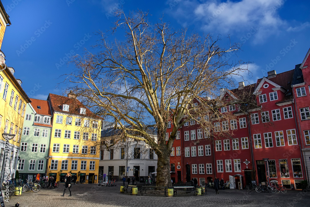 Old colorful buildings at the Grabrodretorv square in Copenhagen, Denmark. February 2020