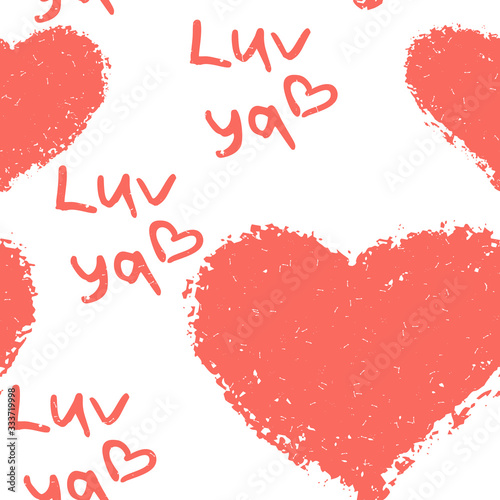 Coral hearts cute trendy seamless pattern with texture and hand drawn "luv ya" (love you) lettering. Applicable for paper or textile print, web and other backgrounds.