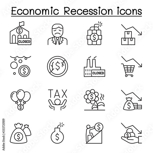 Economic recession, business crisis icons set in thin line style
