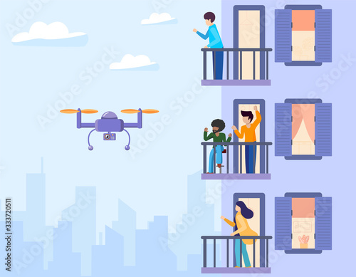 The copter flies and takes off, monitors and watches over the facade of house with balconies. People stand on the terraces and wave to the robot. Vector flat illustration urban buildings background.