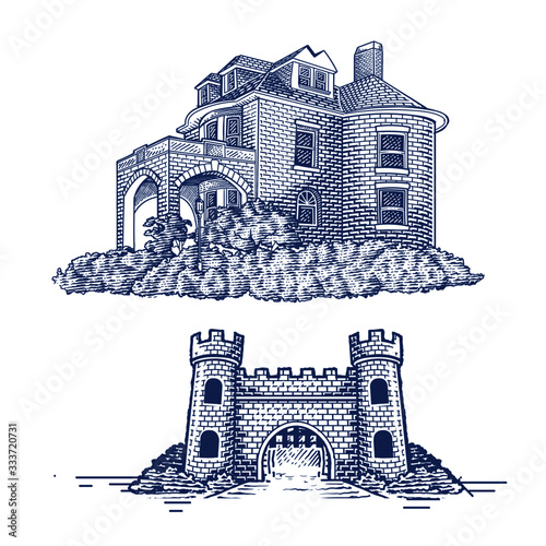 home and gate engraved hand drawing 