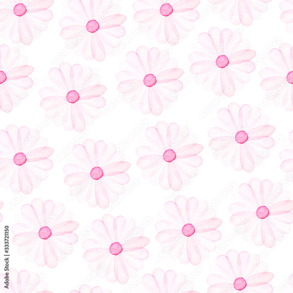 Seamless watercolor pattern of pink daisies on a white background.