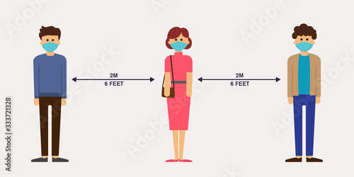people with medical mask maintain social distancing to prevent from coronavirus, vector illustration