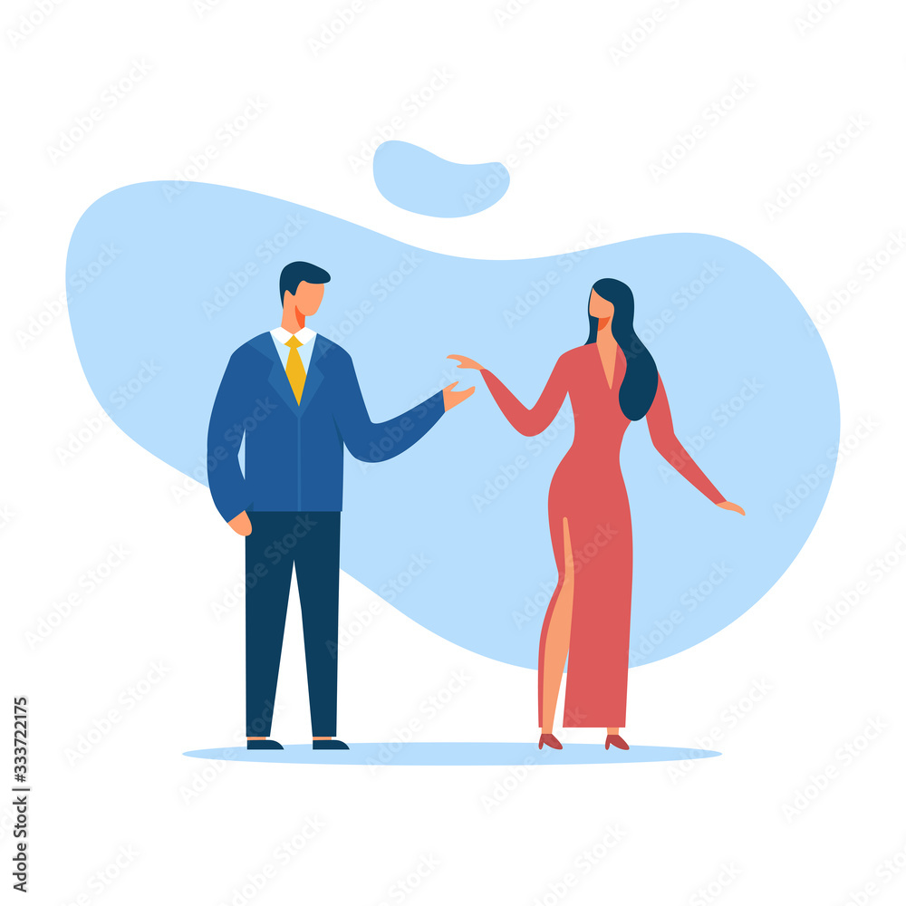 Man Wearing Formal Suit and Woman in Elegant Red Long Dress Stand Together. First Dating. Celebrating Anniversary. Couple in Love. Married Lady and Gentleman Cutout Cartoon. Flat Vector Illustration Man Wearing Formal Suit and Woman in Elegant Red Long Dress Stand Together. First Dating. Celebrating Anniversary. Couple in Love. Married Lady and Gentleman Cutout Cartoon. Flat Vector Illustration