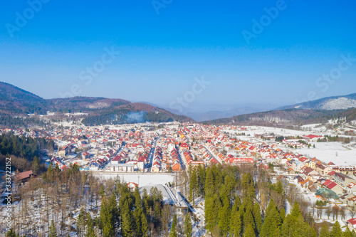 Croatia, town of Delnice in Gorski kotar, drone aerial view in winter 