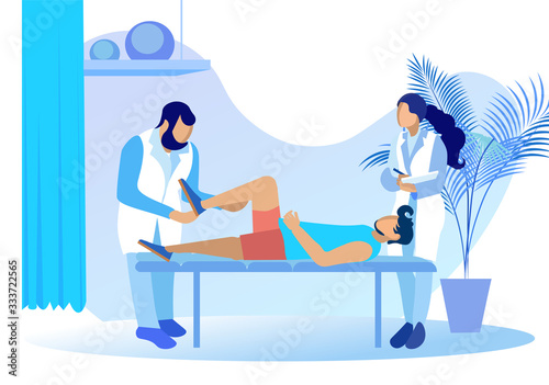 Cartoon Doctor, Nurse and Patient Characters in Physiotherapy Room. Male Physiotherapist Doing Ankle Examination. Guy with Injury Lying on Hospital Couch. Assistant Noting in Card. Vector Illustration