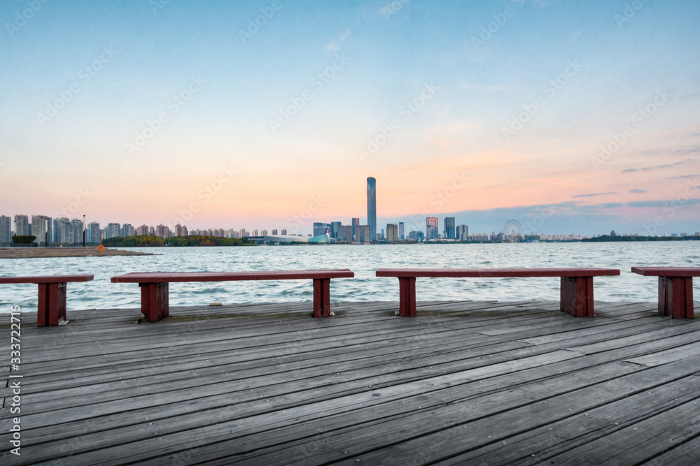 Obraz premium empty brick road nearby office building,china