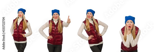 Blond hair girl in bordo vest isolated on white