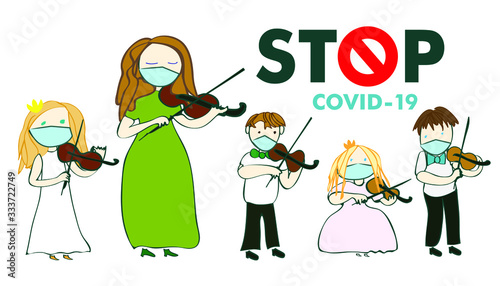 Covid 19, coronovirus, teacher and young children violinists play the violin on a white background, vector, illustration, music lessons, tell stop coronovirus