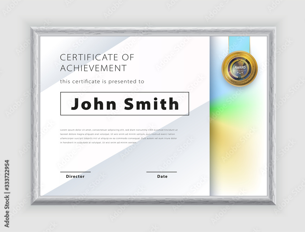 Fototapeta premium Official white certificate with green blue design elements. Modern blank with gold emblem. Vector illustration. Grey realistic border