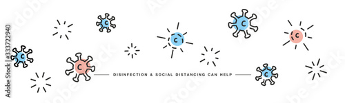 Corona virus Covid 19 Disinfection and Social distancing can help handwritten line design info graphic white isolated background banner