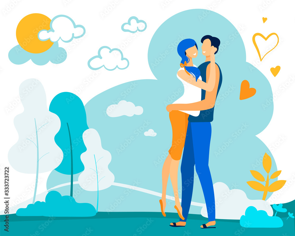 Young Loving Couple Hugging and Kissing in City Park. Romantic Relations, Love, Meeting, Dating Outdoors, Summertime Vacation. Active Summer Spare Time, Leisure, Relax Cartoon Flat Vector Illustration Young Loving Couple Hugging and Kissing in City Park. Romantic Relations, Love, Meeting, Dating Outdoors, Summertime Vacation. Active Summer Spare Time, Leisure, Relax Cartoon Flat Vector Illustration