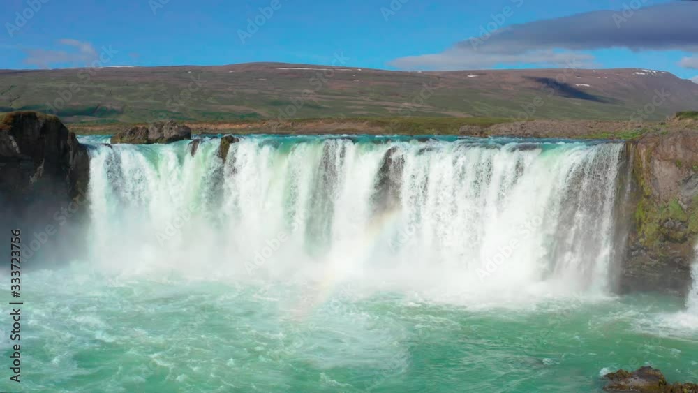 Aerial flight over Godafoss waterfall with Rainbow Aerial flight over Godafoss waterfall with Rainbow