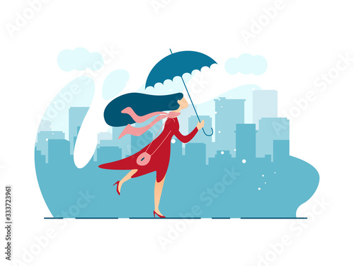 Advertising Flyer Walk Under Rain Cartoon Flat. Communication is Relaxing or Distracting. Girl Walks Under an Umbrella in City Alone. Bad Weather Corresponds to Mood. Vector Illustration.