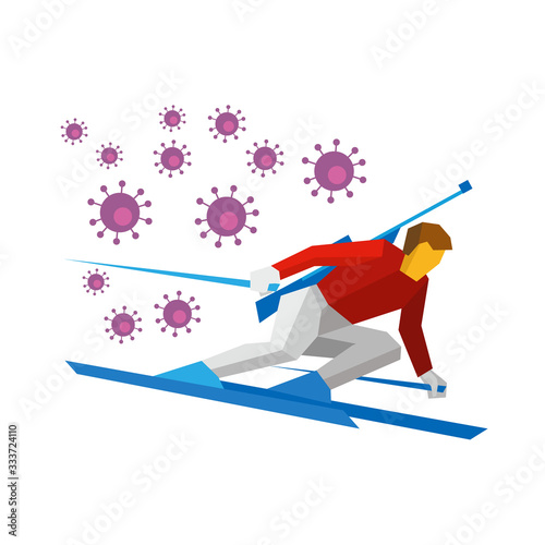Coronavirus concept. Cartoon biathlon - sportsman going skiing fast with a rifle behind his back. Lot of viruses Covid-19 follow him. Flat style vector clip art isolated on white background