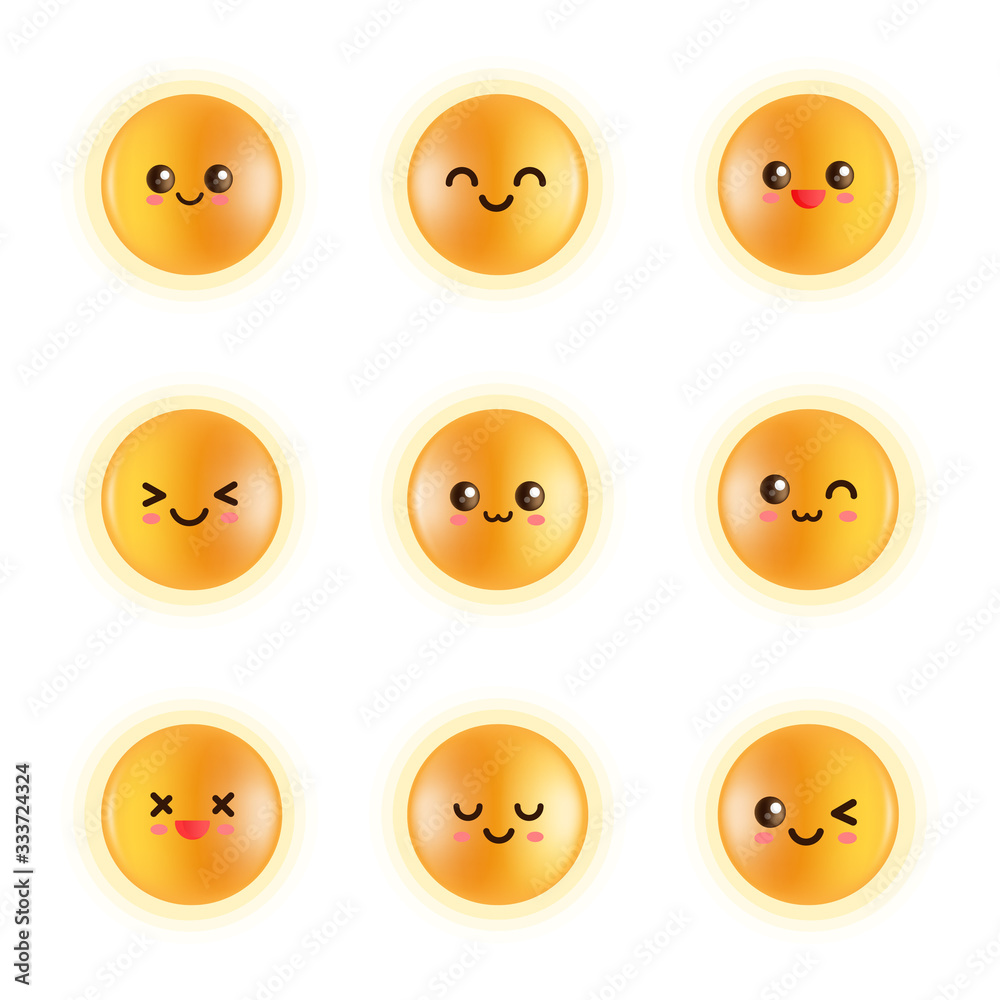 Fototapeta premium Set yellow face emoji, Sparkling yolk circle, Glowing globes, Shiny yolk, Chicken Eggs. All sorts of cute emoticons. Each emoji represent our feelings in a different way. Smile, haapy, laugh and shame