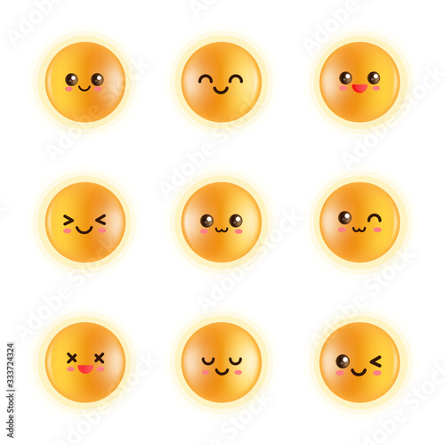 Set yellow face emoji, Sparkling yolk circle, Glowing globes, Shiny yolk, Chicken Eggs. All sorts of cute emoticons. Each emoji represent our feelings in a different way. Smile, haapy, laugh and shame