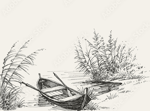 Empty boat on shore on the lake, relaxation in nature sketch