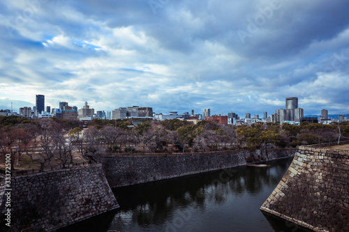 Osaka, Japan - January 07, 2020: Panoramic View to the Evening City from the Castle Roof