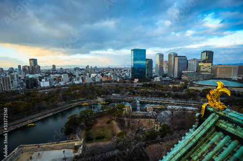 Osaka, Japan - January 07, 2020: Panoramic view to the City from the Castle roof