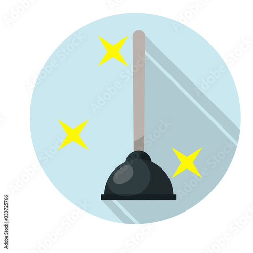 Plunger in blue circle. Plumber's tool. Yellow stars shining. black object. Cartoon flat illustration. Drain cleaner