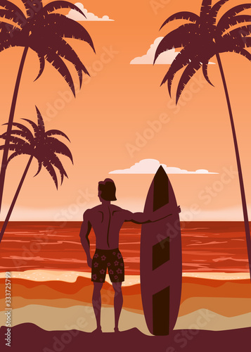 Surfer standing with surfboard on the tropical beach back view. Palms ocean surfung theme photo