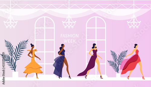 Models in Designer Dresses Vector Illustration. Beautiful Women in Elegant Clothes Cartoon Characters. Young Ladies Walk Podium in Fashionable Evening Gowns Side View. Apparel, Garments Show