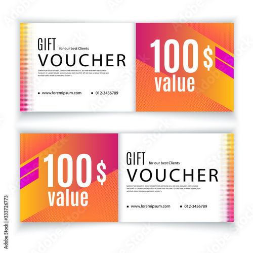 Voucher template orange red design elements. Value 100 dollars for department stores, business. Clean design.