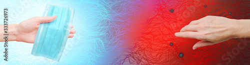 Covid-19 creative concept. Coronavirus banner design: hand with medical mask and dirty hand with microbes (bacteria) around. Abstract waves on blue, red background