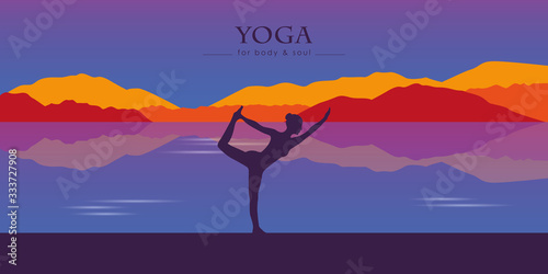 girl makes yoga at beautiful lake and mountain autumn landscape vector illustration EPS10