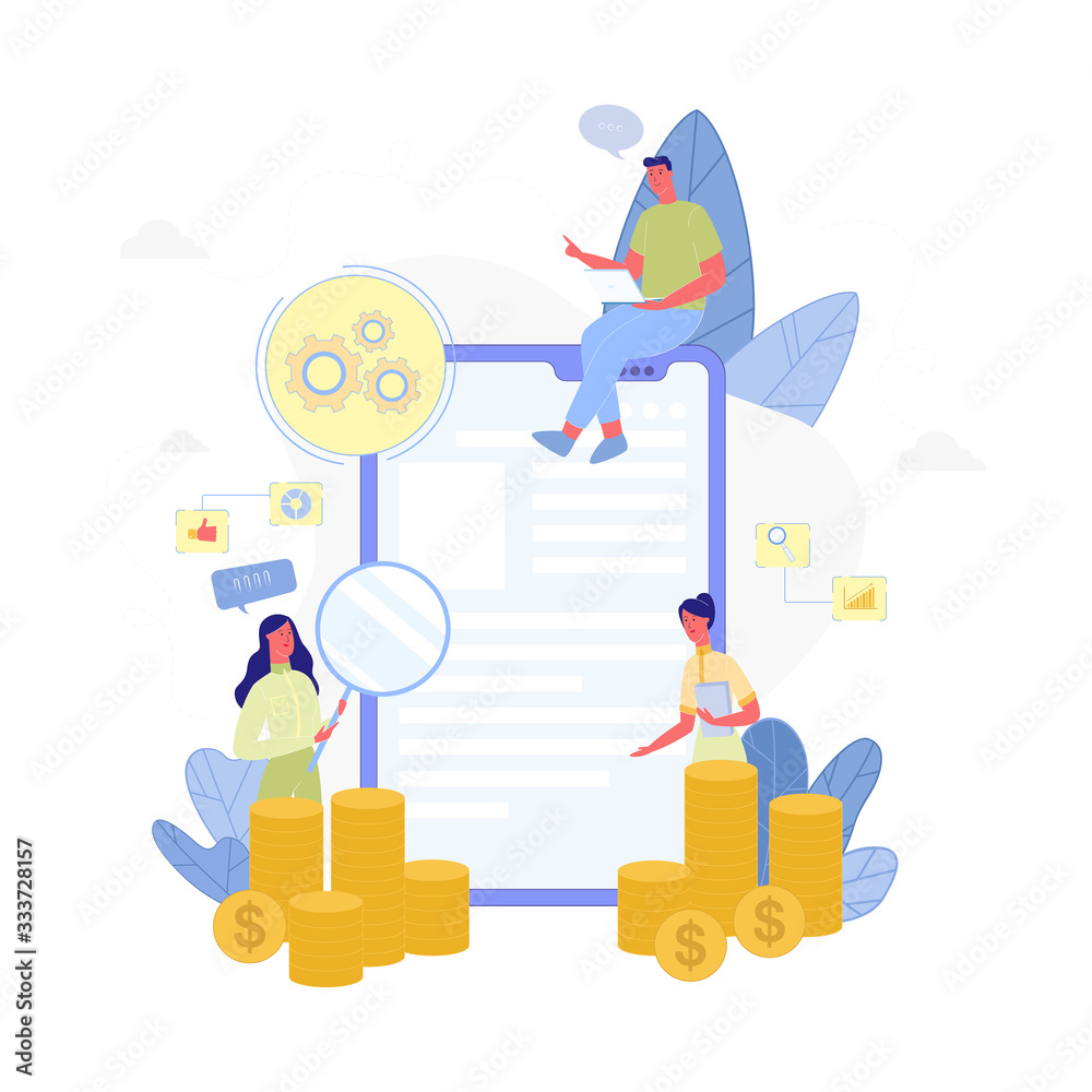 Financial Success, Working People with Office Accessories Around of Huge Tablet with Golden Coin Piles, Happy Businesspersons Sitting on Money Stack, Wealth, Profit, Cartoon Flat Vector Illustration