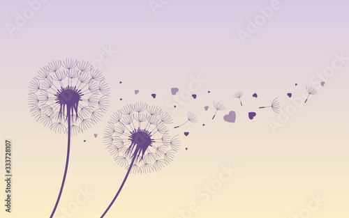 dandelion silhouette with flying seeds and hearts for valentines day vector illustration EPS10