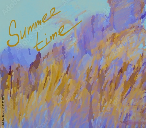 Gentle summer colorful artistic pastoral landscape with inscription summertime