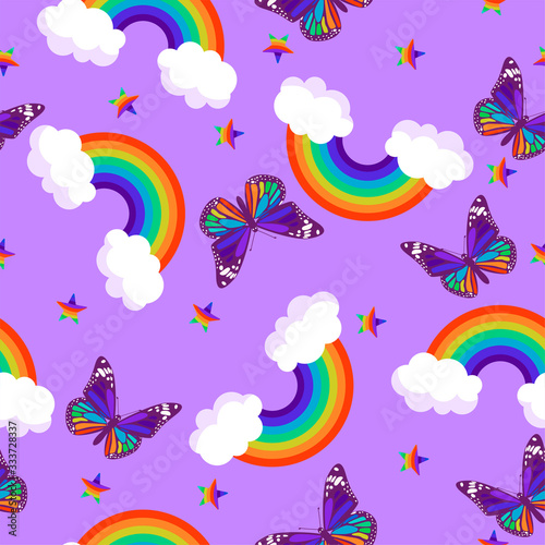 Seamless pattern of rainbows  butterflies and stars. Vector graphics.