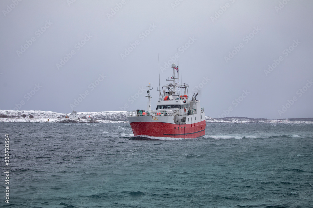 Fishing boat through Brønnøysundet in snowy weather, Northern Norway - Atløy Viking Fishing boat through Brønnøysundet in snowy weather, Northern Norway - Atløy Viking