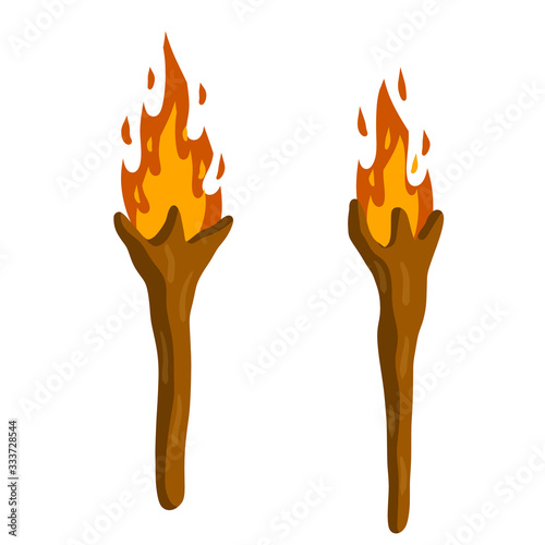 Torch on stick. Primitive weapon. Burning club. Cartoon flat illustration. old item for lighting. Fire and branch