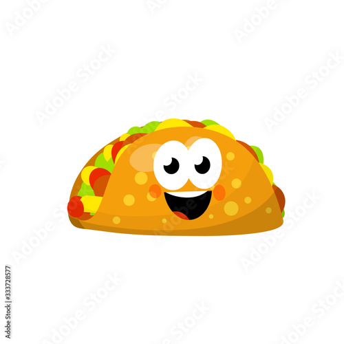 Tacos. Cute mascot with face, smile and eye. National Mexican fast food in tortilla. Traditional Spicy meal with meat and vegetables. Cartoon flat illustration